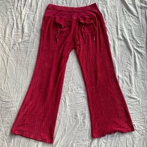 Y2K Hot Pink Terrycloth Embossed Hearts Low Rise Wide Leg Flared Sweat Pants